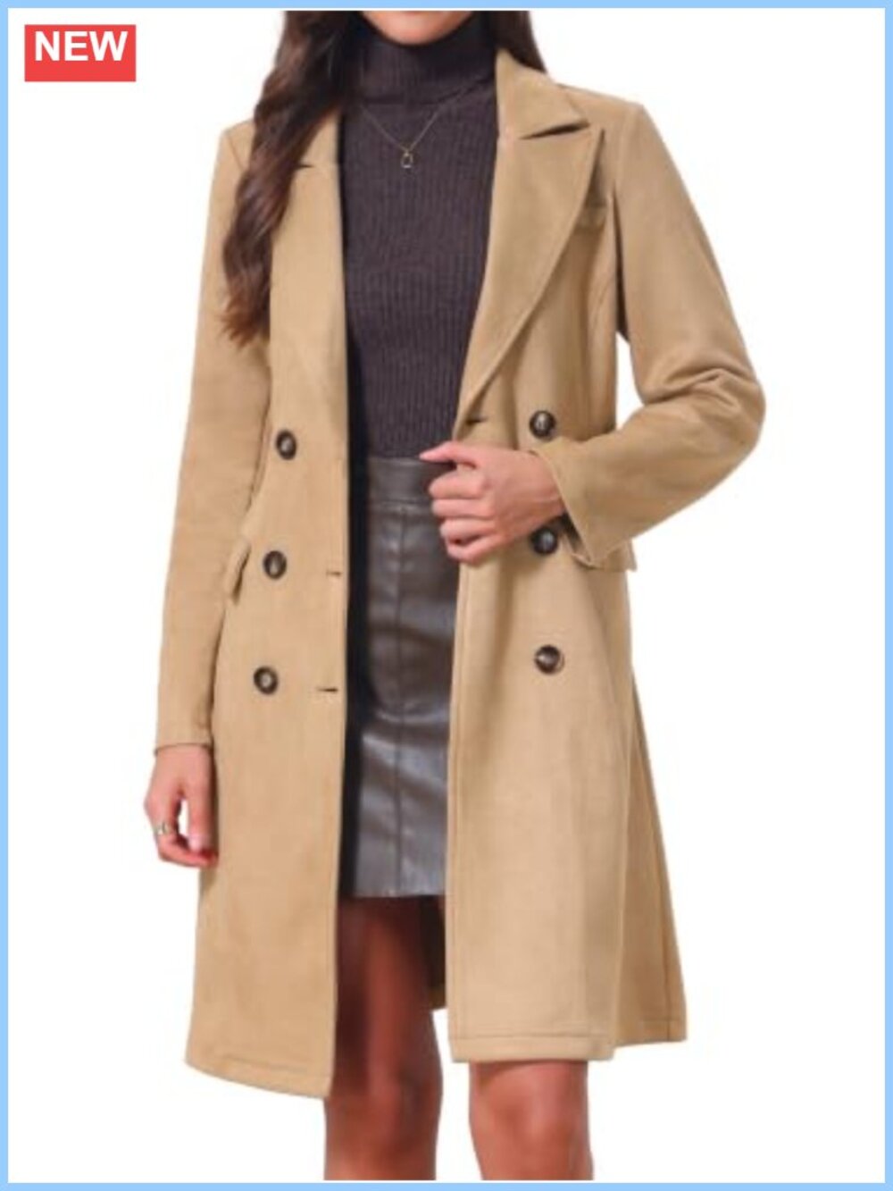 Faux Suede Trench Coat Women Notched Lapel Double Breasted Long Overcoat Winter
